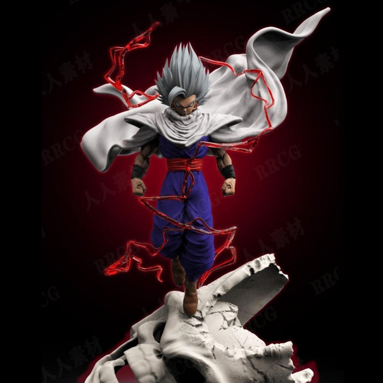dragon ball Action figure goku beast mode with white hair and red energy on a dark background