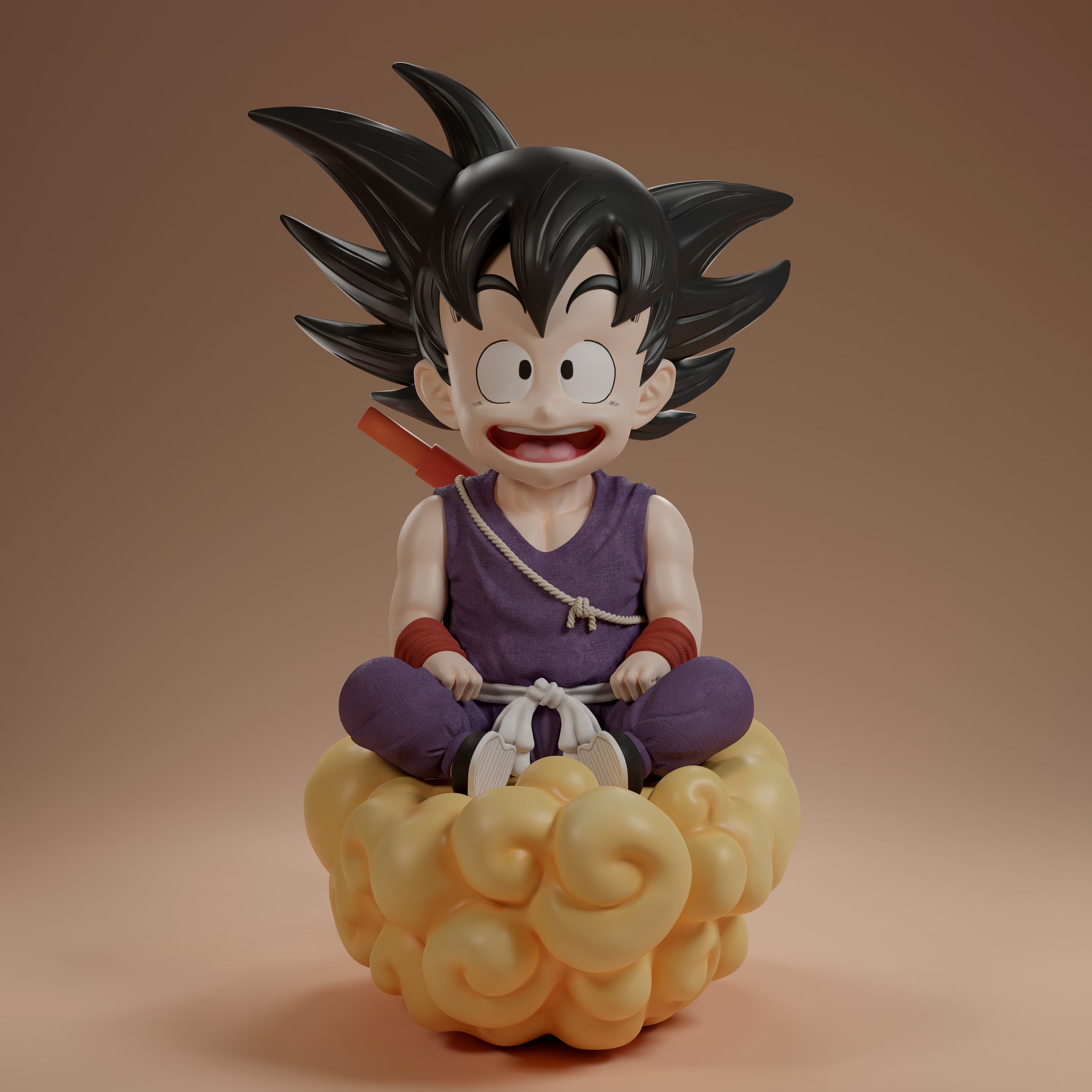 Toy figure of a character with spiky black hair sitting on a cloud against a brown background
