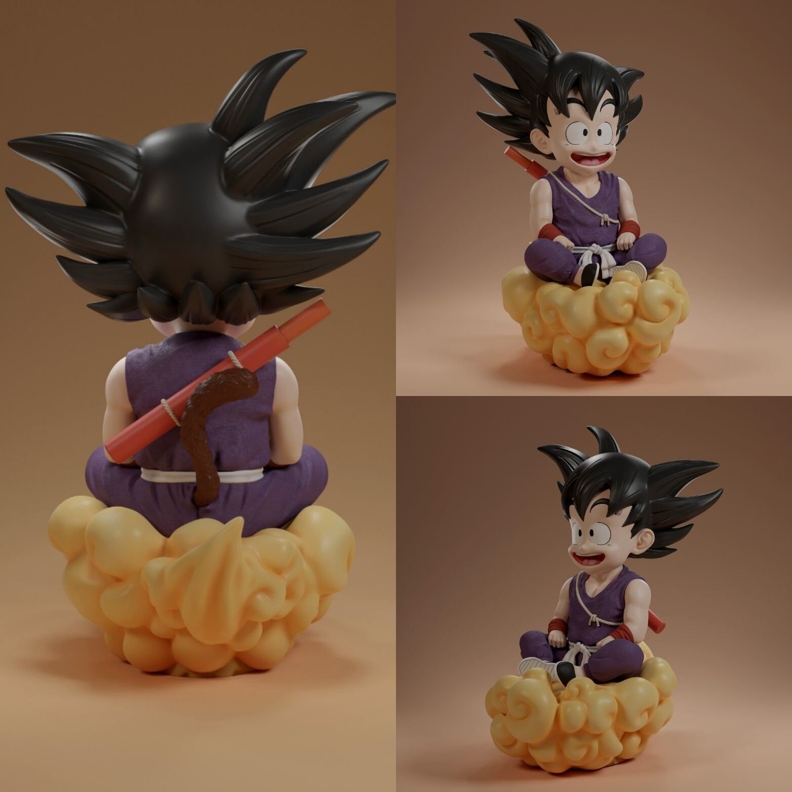 Toy figure of a character with spiky black hair and purple outfit sitting on a yellow cloud against a brown background.