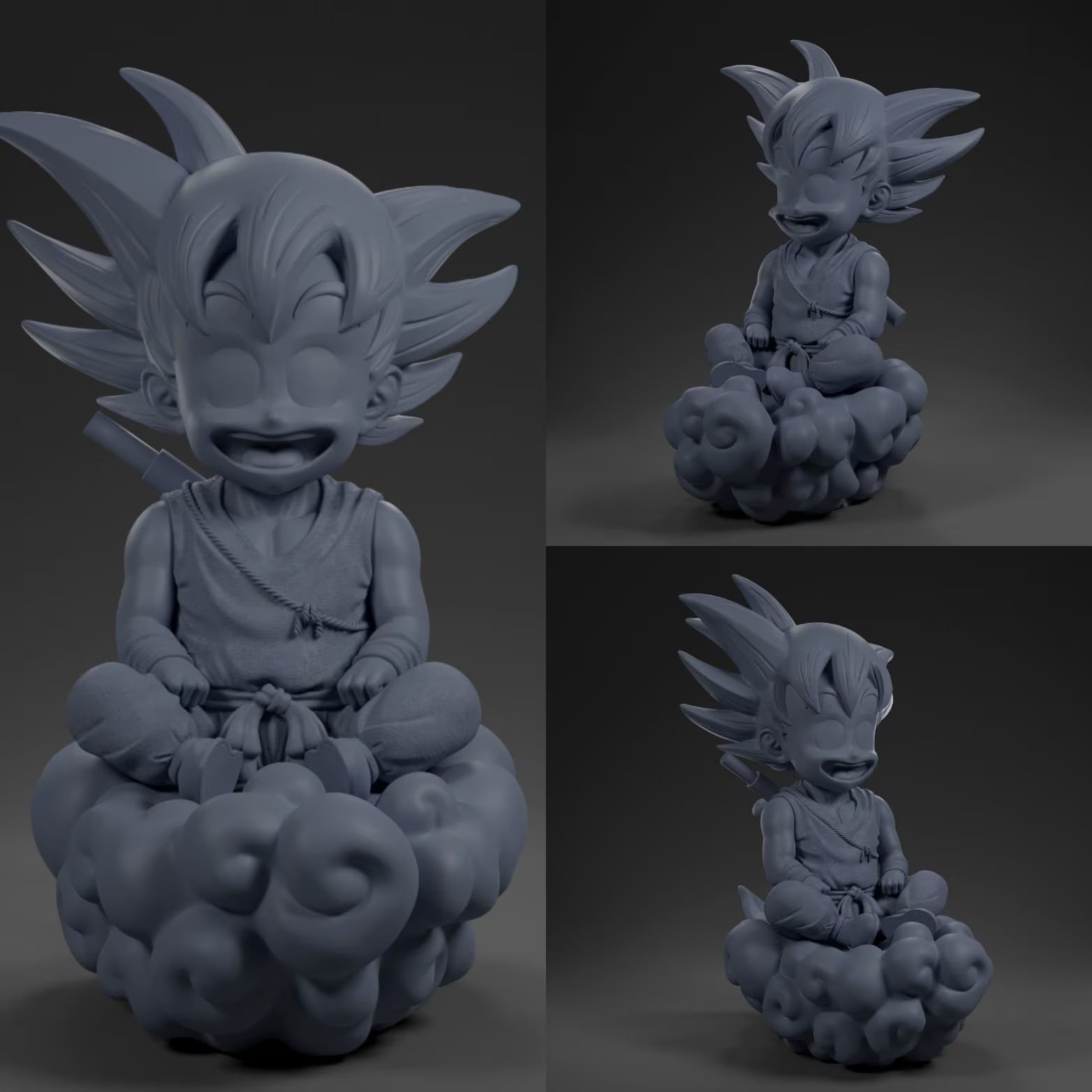 Gray 3D model of a character sitting on a cloud with a dark background