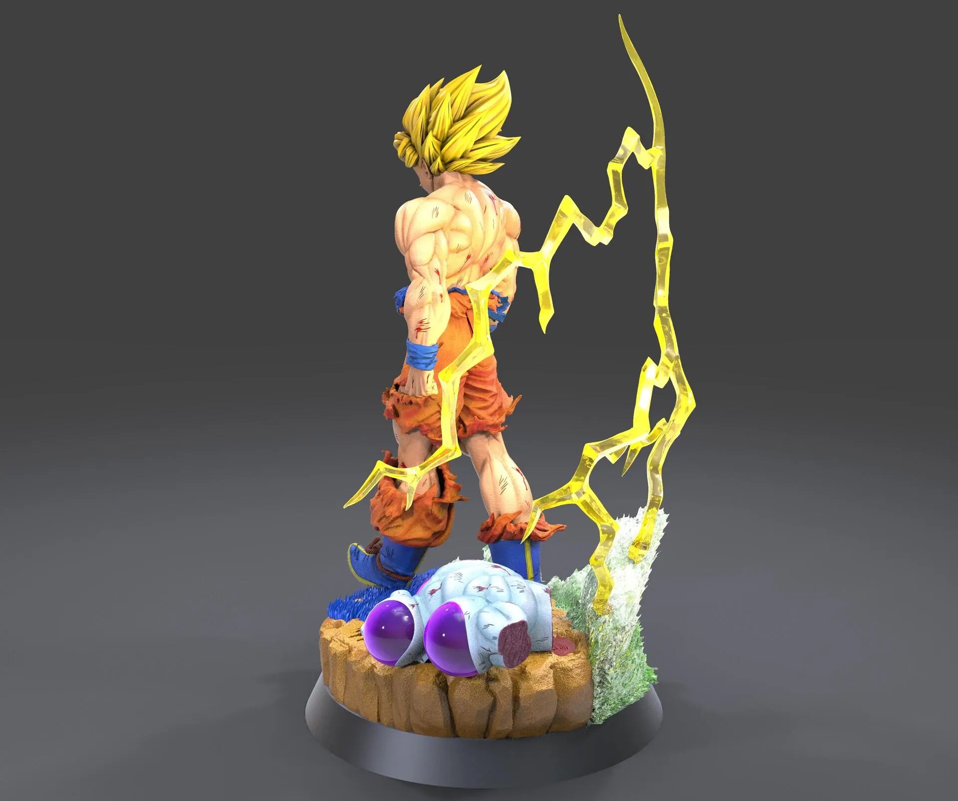 Statue of a character with blonde hair and orange outfit on a dark background
