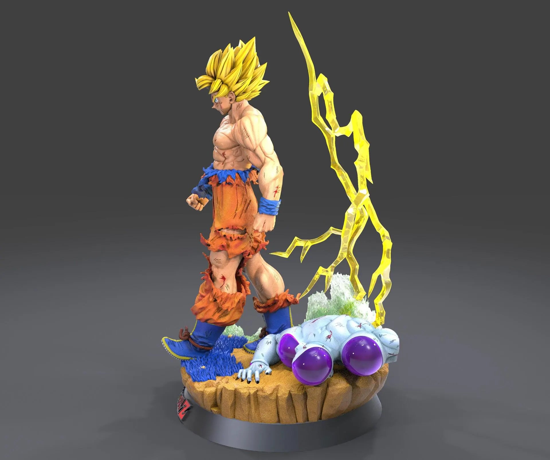 Statue of a muscular character with spiky hair and a yellow aura on a dark background
