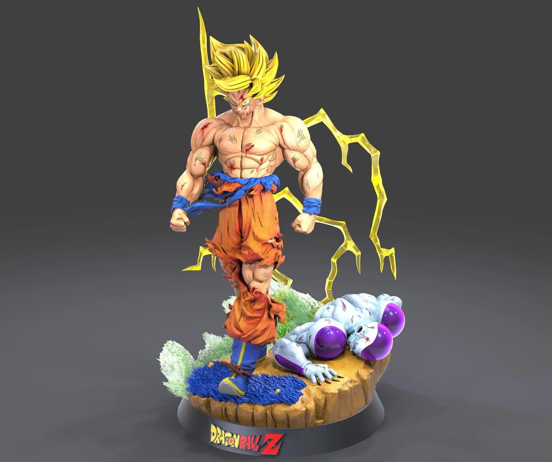 Super Saiyan character with lightning effects on a dark gray background