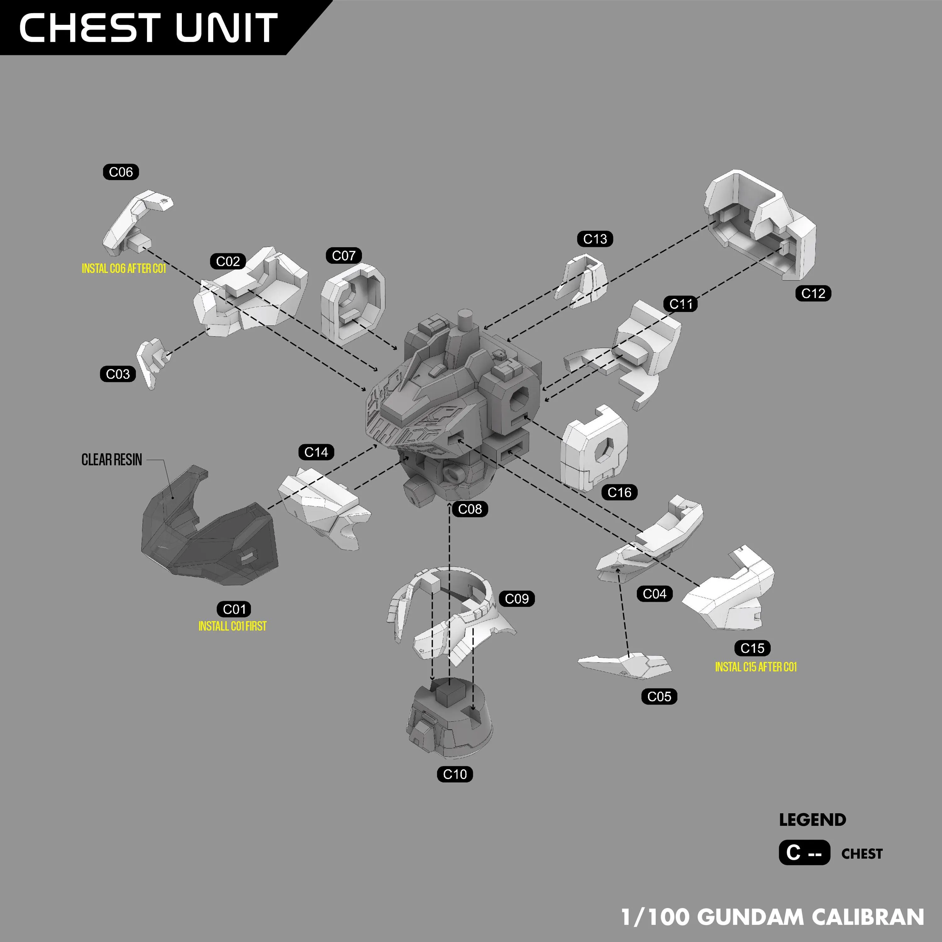 Diagram of a 'Chest Unit' for a 1/100 Gundam Caliban model kit on a gray background.
