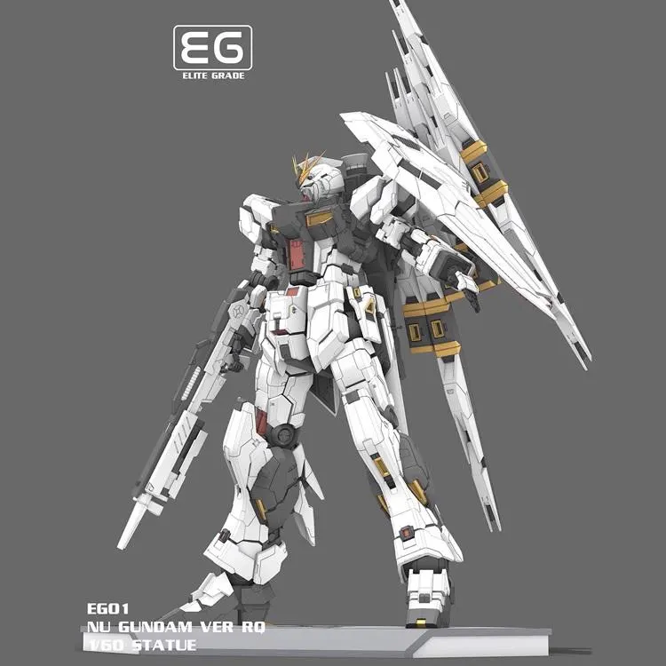 Model kit of a robot with 'EG' branding on a gray background