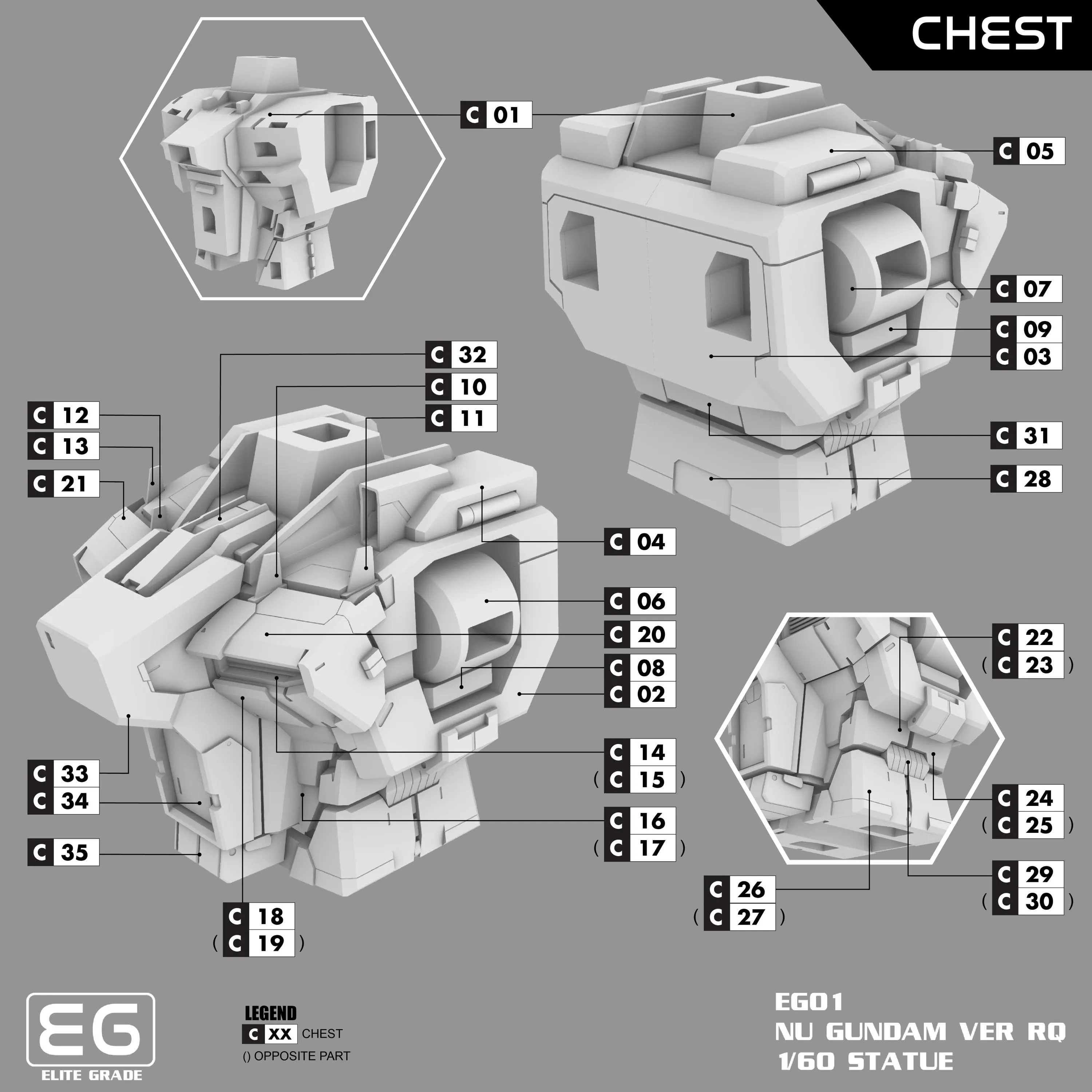 Technical diagram of a chest piece for a model kit with labeled parts on a gray background.