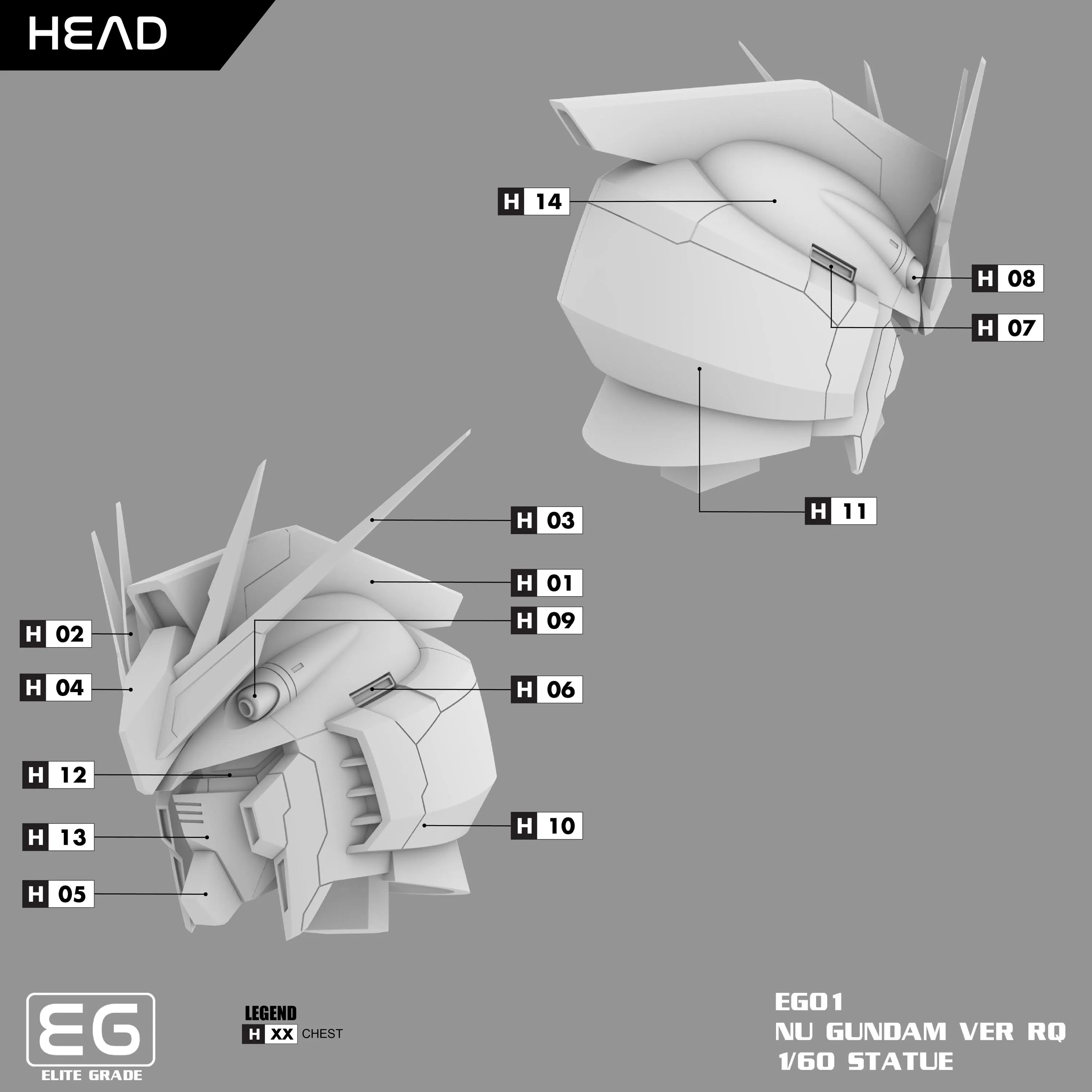 Technical diagram of a Gundam helmet with labeled parts on a gray background, featuring the HEAD brand.