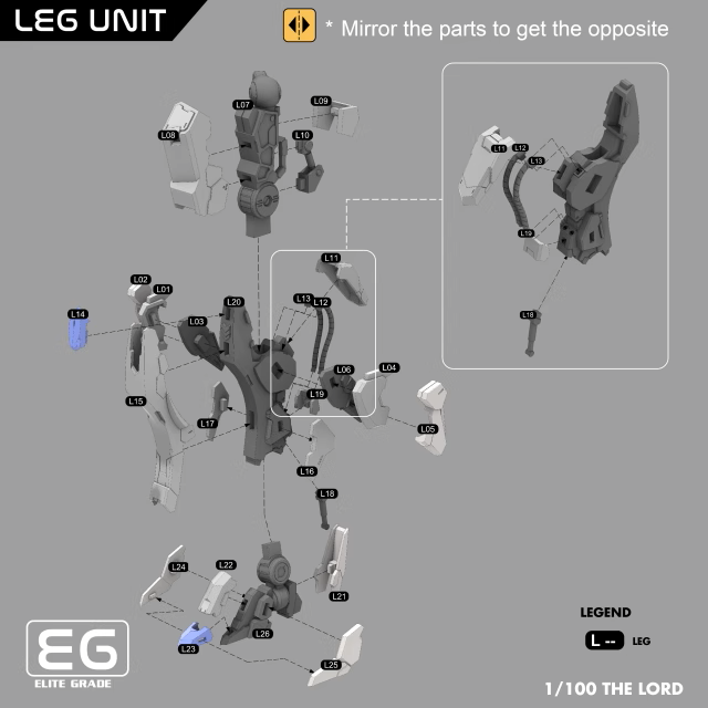 Diagram of leg unit parts with assembly instructions on a gray background