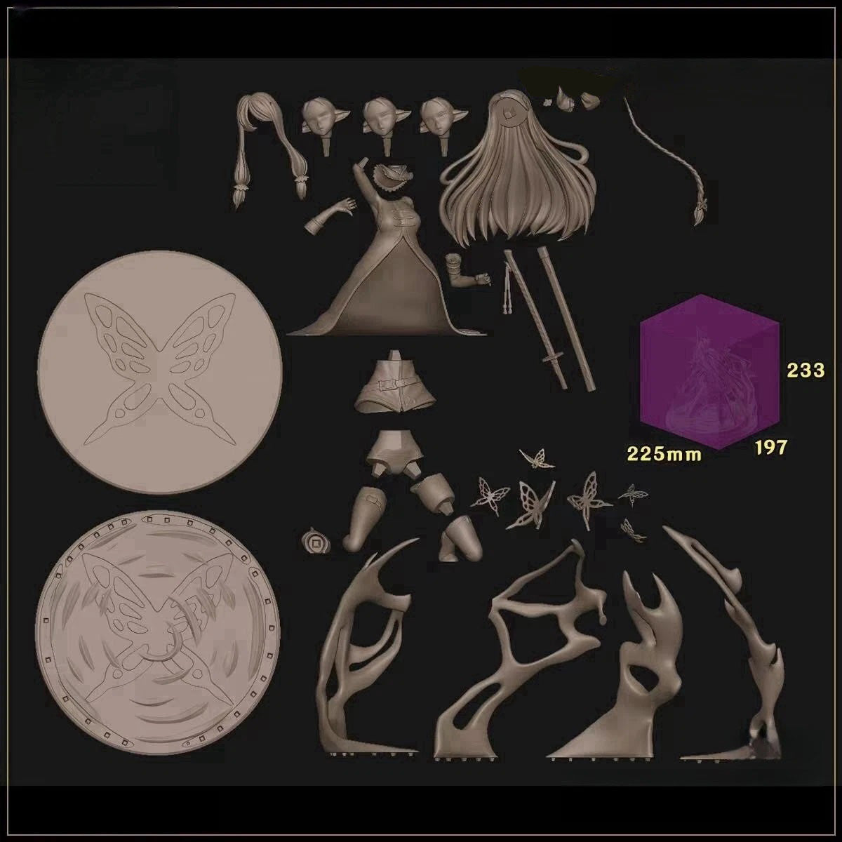 Collection of model building parts on a dark background