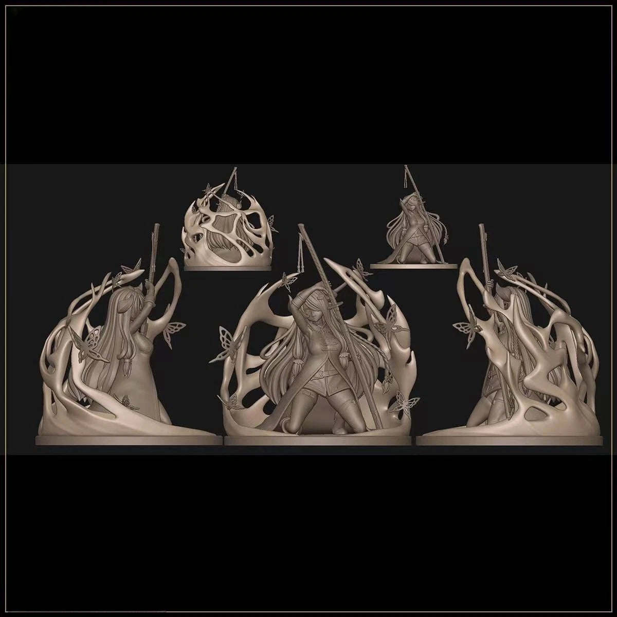 Set of four ornate figurines on a black background