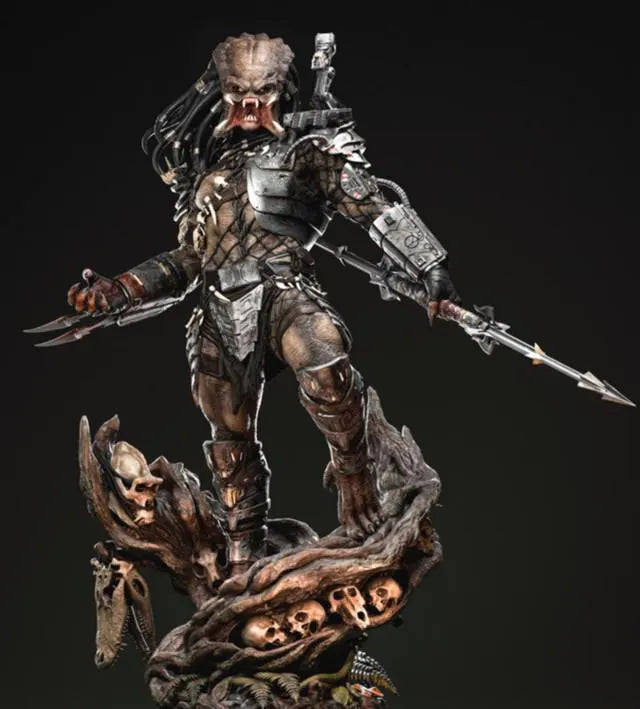 Detailed figurine of a warrior with armor and weapons on a dark background