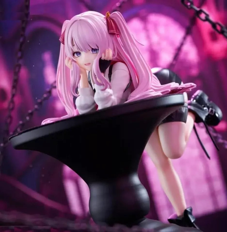Anime character figurine with pink hair and a white outfit on a black stand against a purple background.