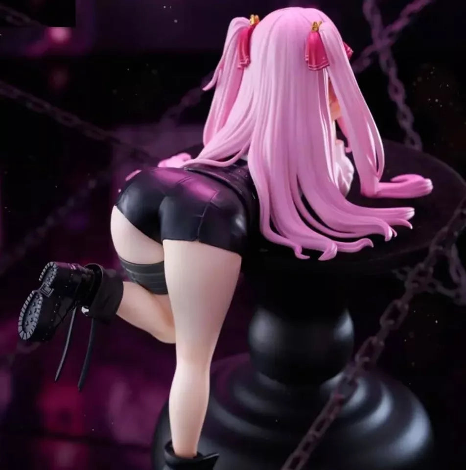 Figure with pink hair and black outfit on a dark background