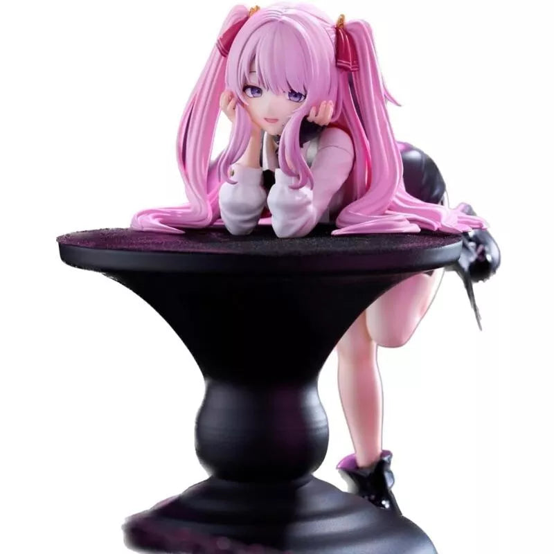 Anime character figurine with pink hair on a black pedestal