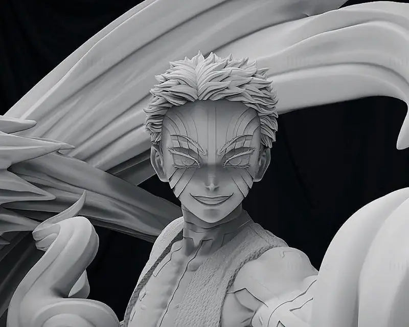 Gray-scale sculpture of Akaza from demon slayer with dynamic pose and flowing hair