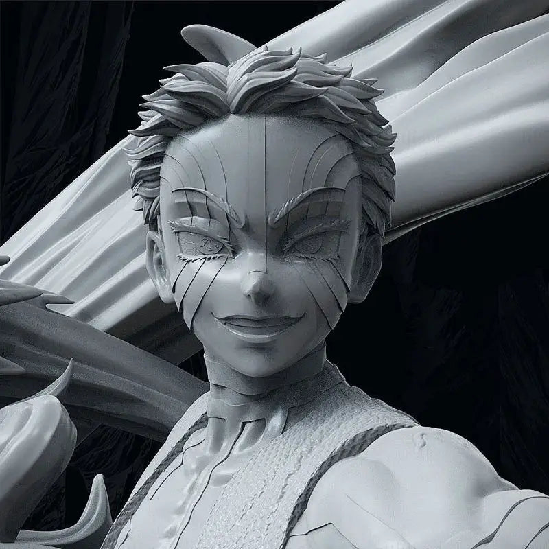 Gray-scale statue of Akaza from demon slayerwith a dynamic pose