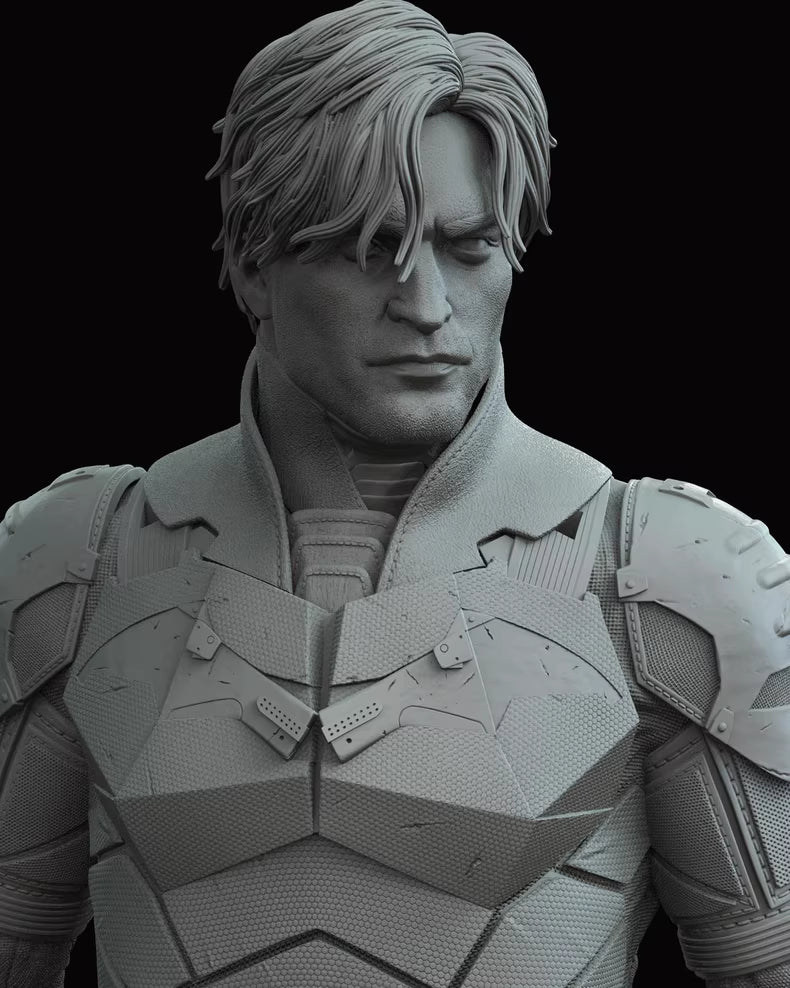 Grayed-out superhero costume with detailed armor on a black background