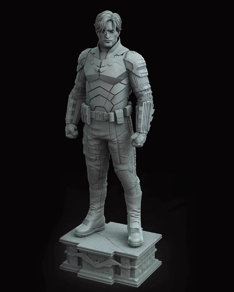 Gray scale statue of a character on a black background