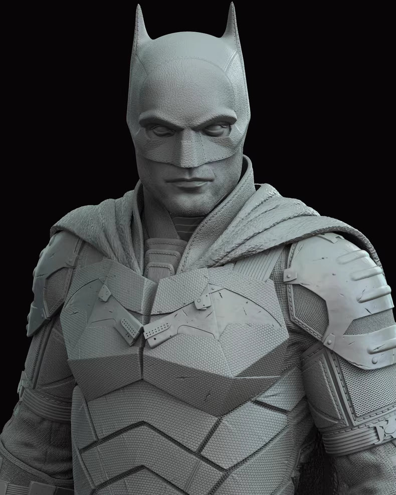 Gray superhero costume with bat emblem on a black background