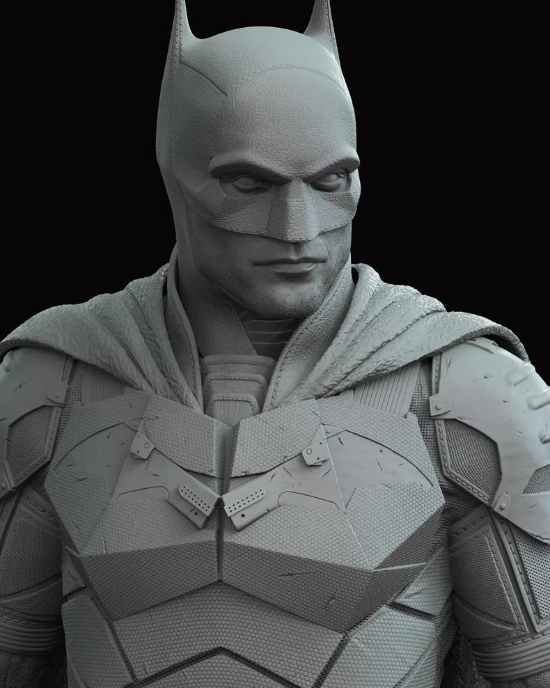 Gray 3D model of a superhero character with a cape and armor on a black background