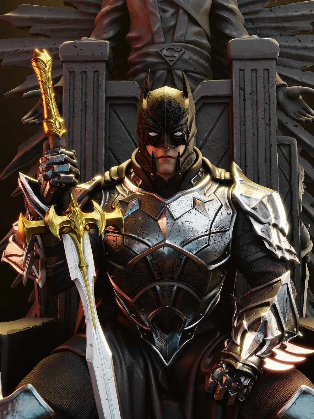 batman in armor holding a sword with a dark background
