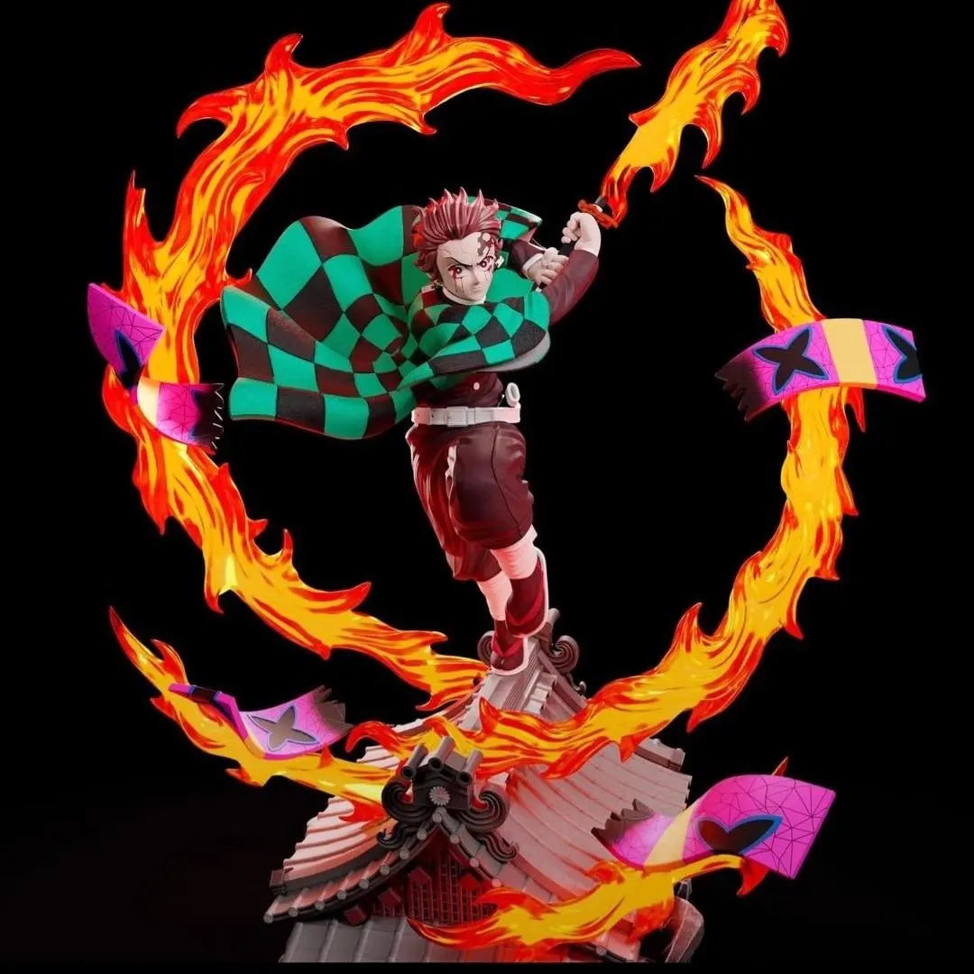 Animated character with flames and checkered outfit on a black background