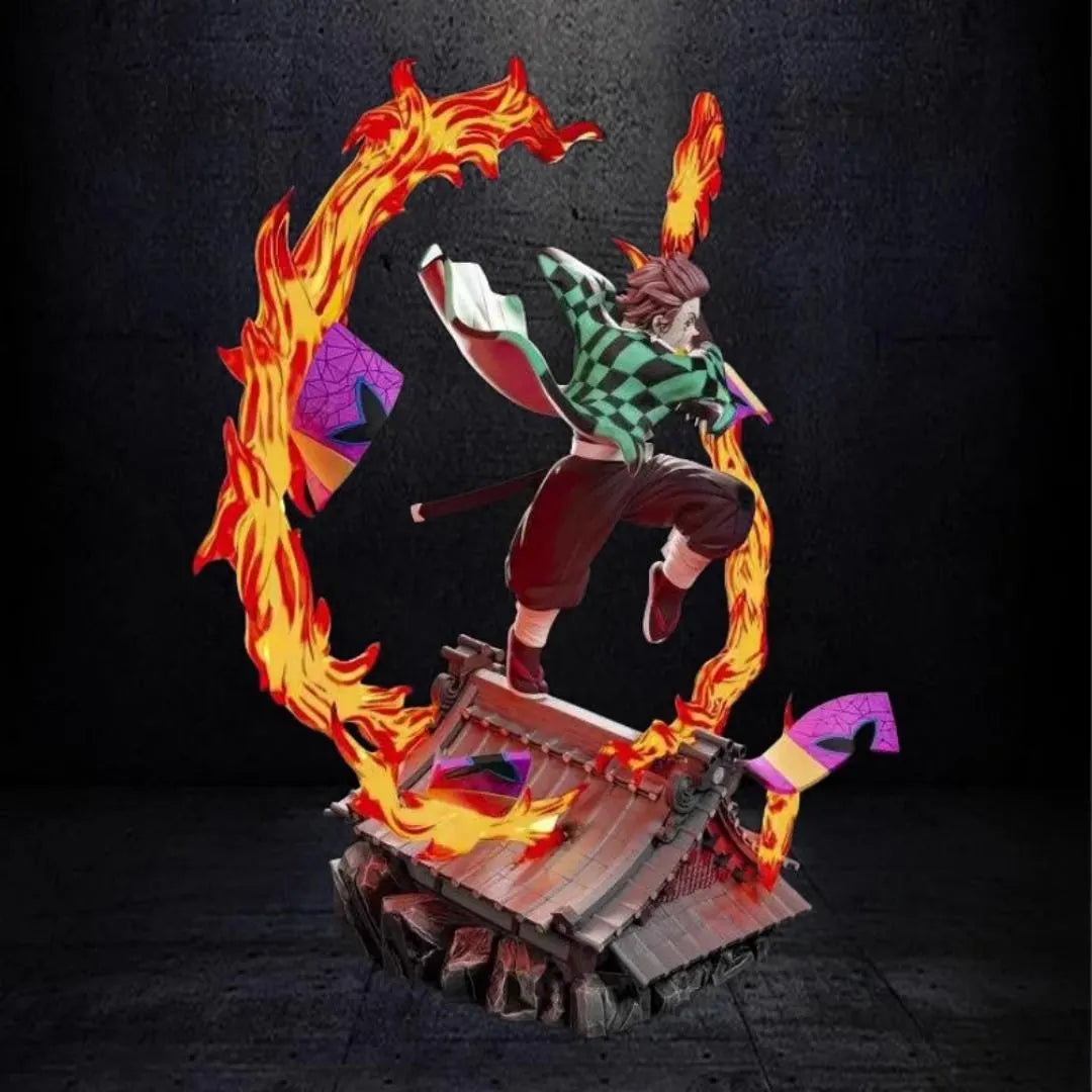 Animated character with flames and colorful elements on a dark background