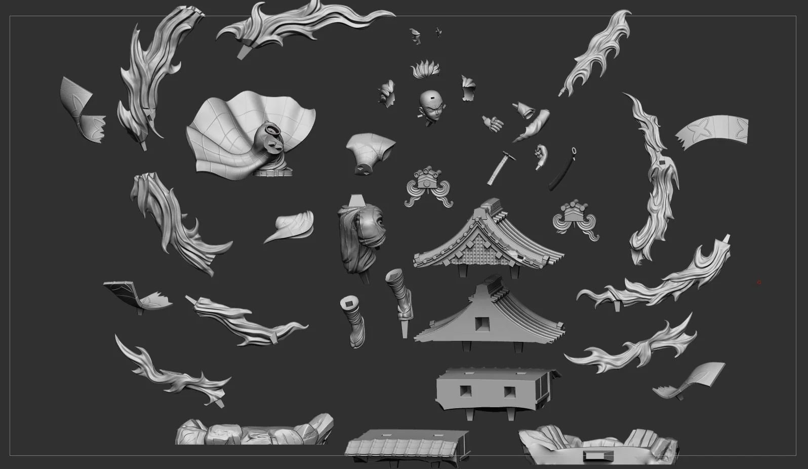 Collection of black and white decorative elements on a dark background