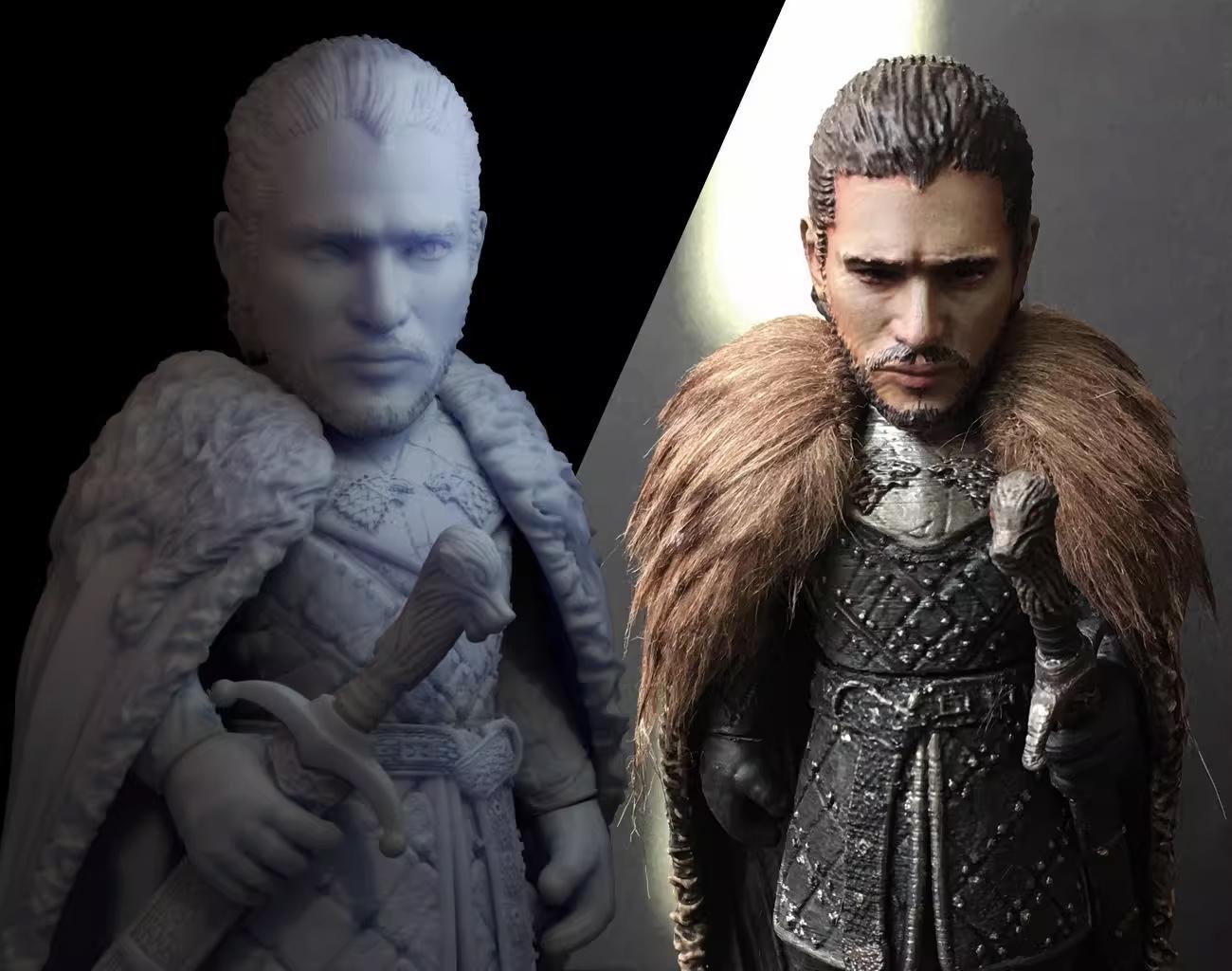 Comparison of a warrior figure in different stages of completion against a black and white background.