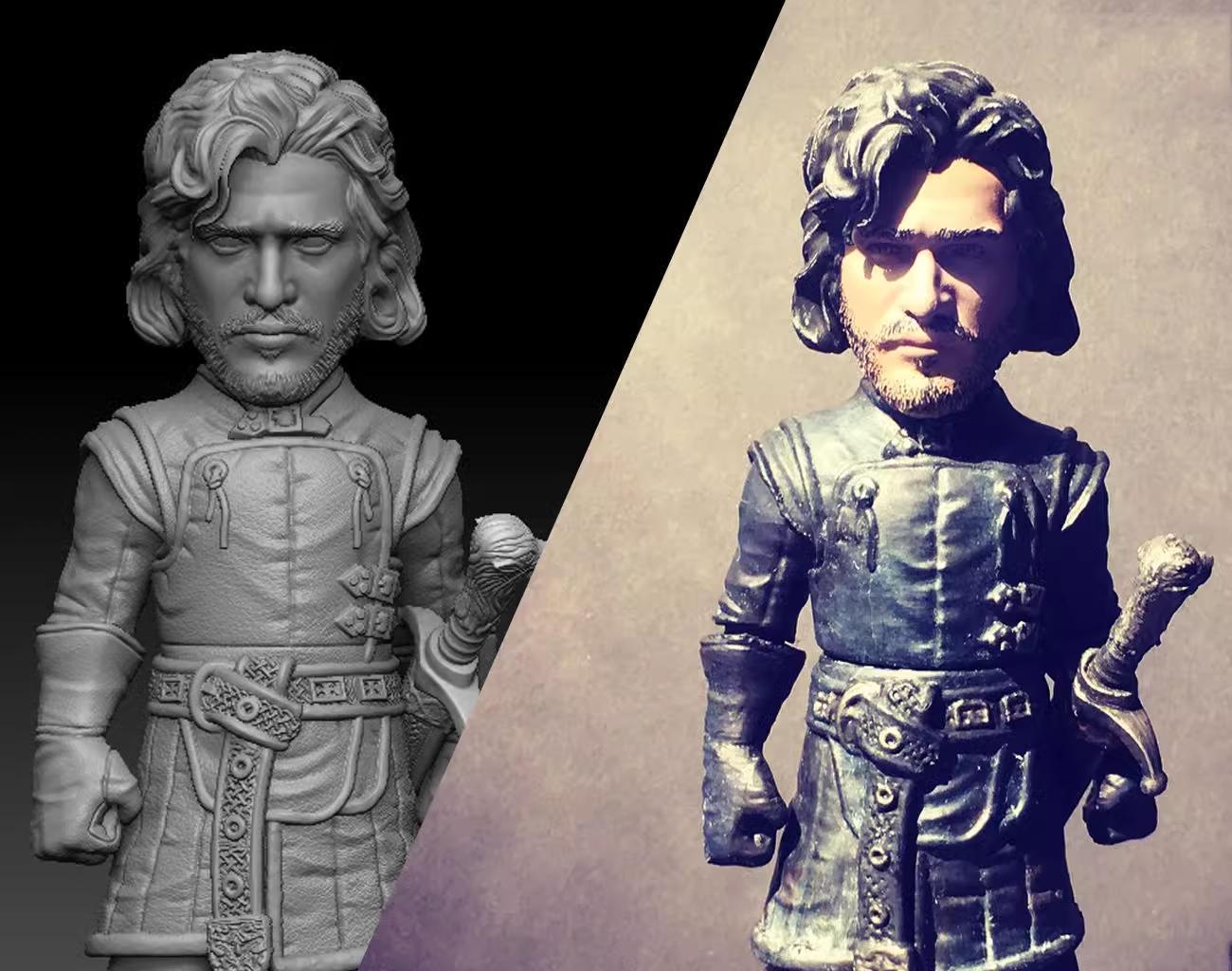 Comparison of a sculpture in gray scale and its finished product with color details.