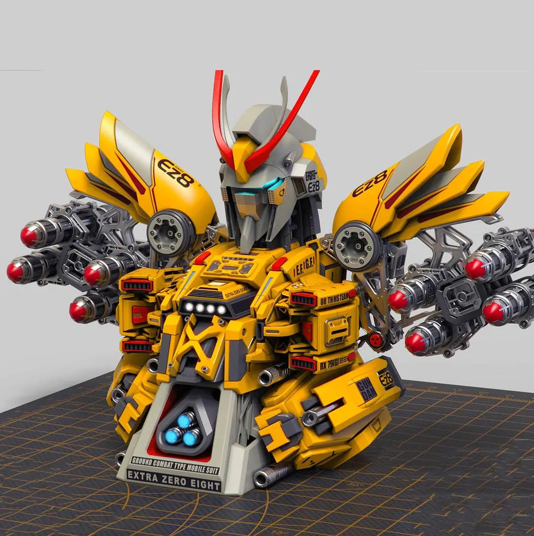 Yellow and gray robot model on a grid surface with a plain background