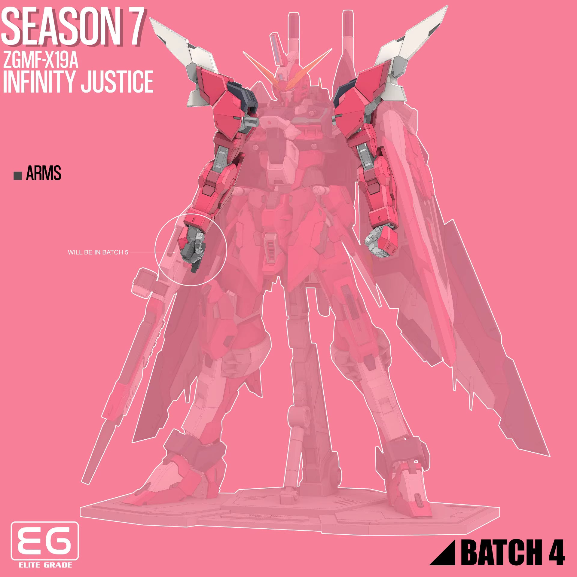 Red robot model with 'Infinity Justice' text on a pink background