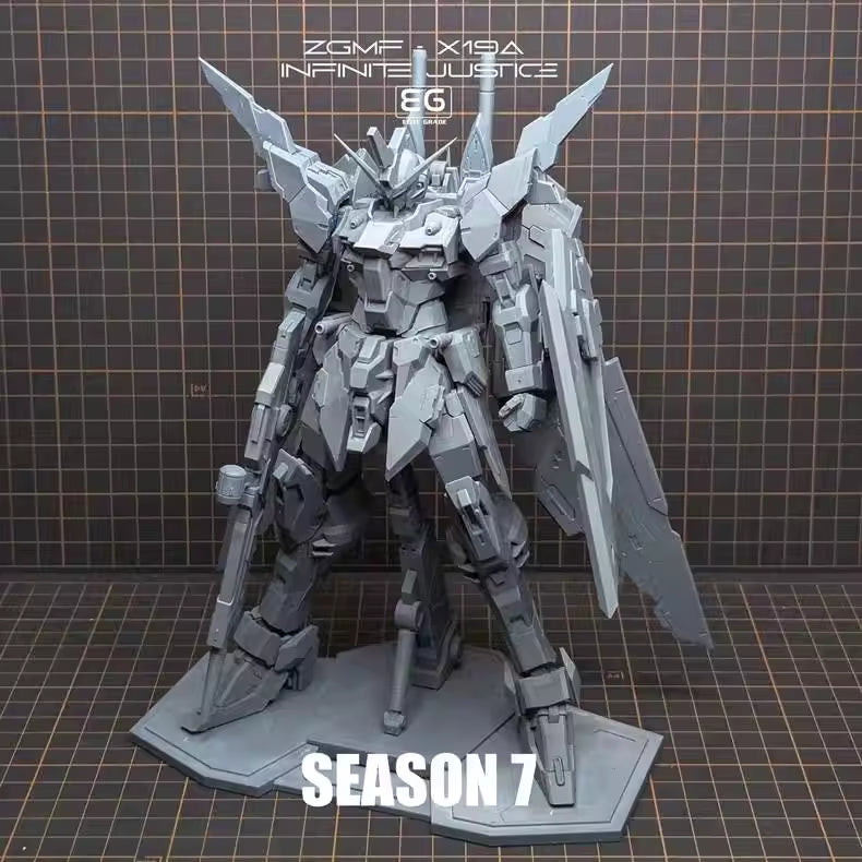 Model of a robot or mecha on a grid background with branding text.