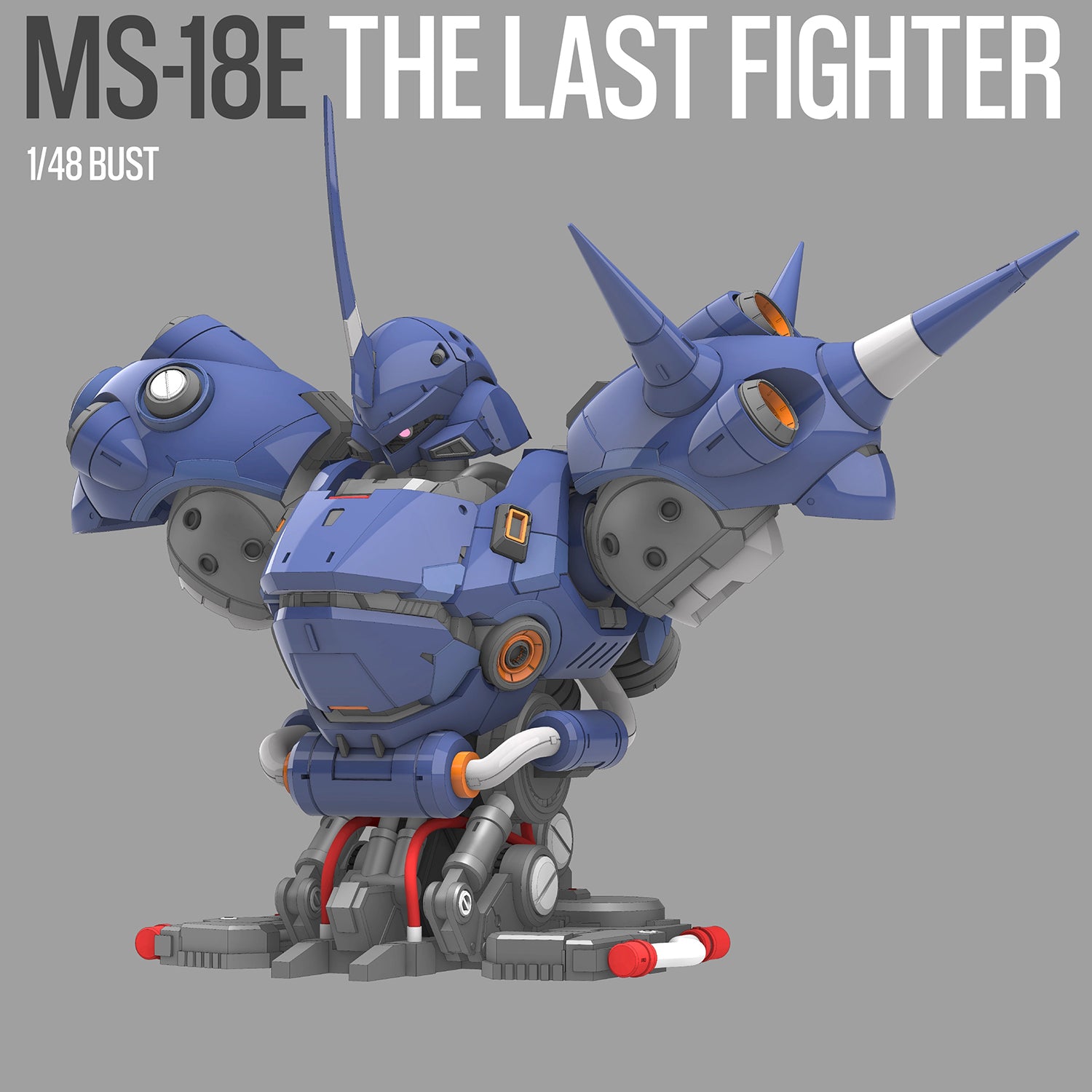 Blue robot model with 'MS-18E The Last Fighter' text on a gray background