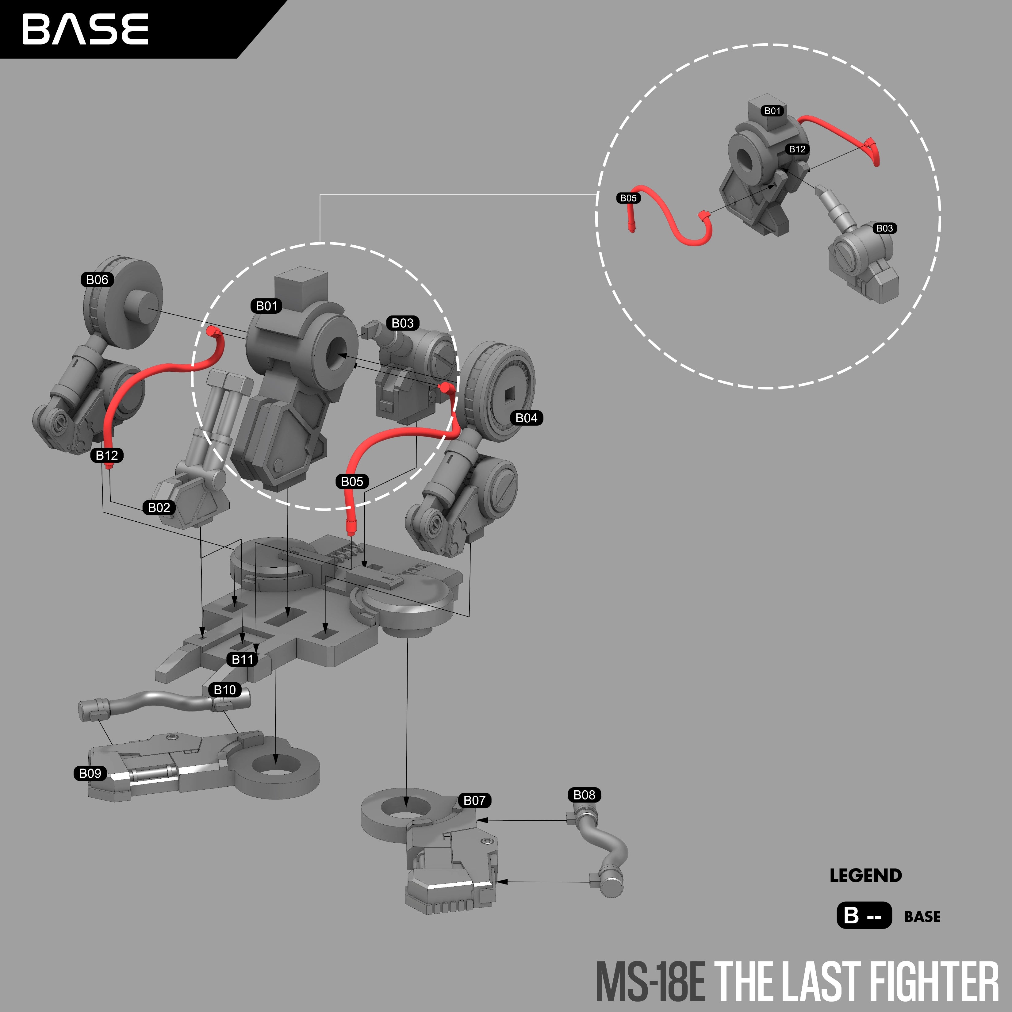 Mechanical model assembly diagram for 'MS-18E The Last Fighter' with labeled parts on a gray background.