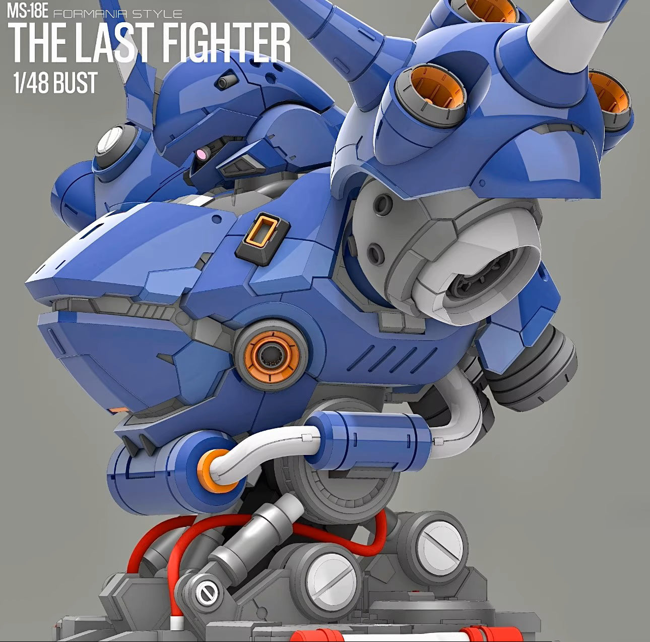 Blue and gray robot bust with orange accents on a gray background, featuring 'The Last Fighter' text.