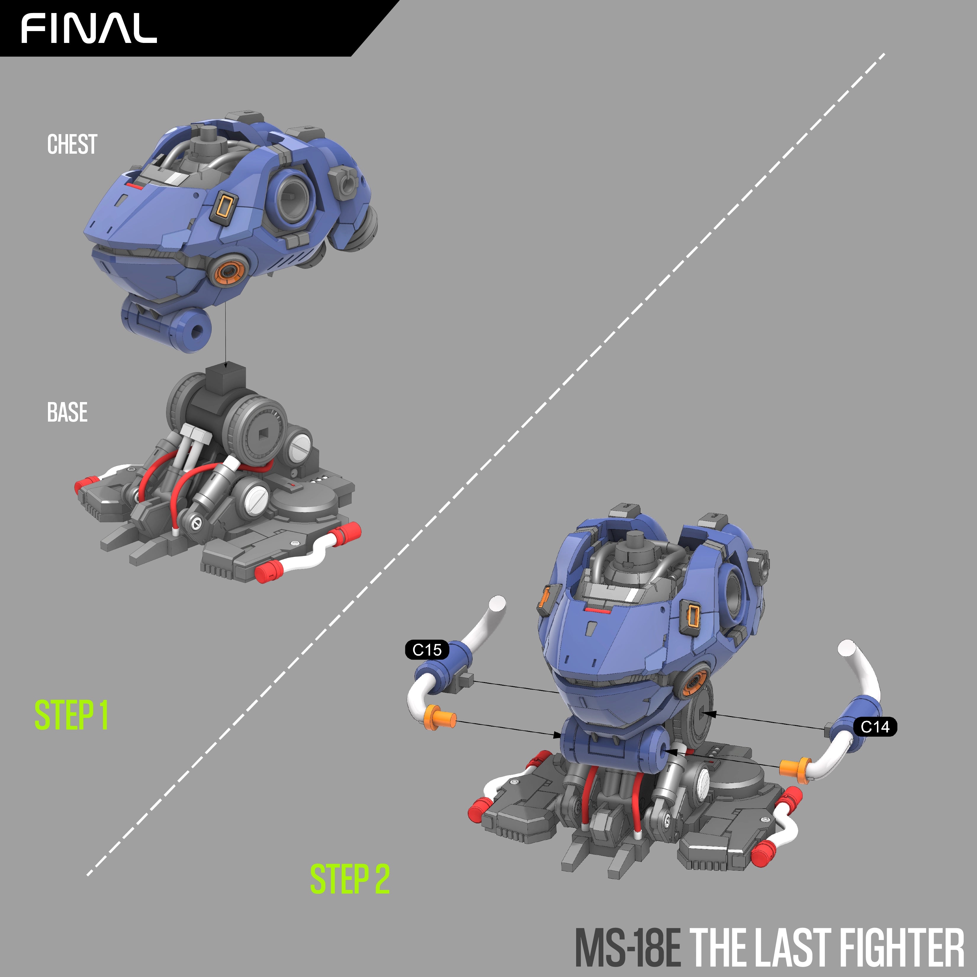 Step-by-step assembly of a robot model labeled 'MS-18E The Last Fighter' on a gray background.