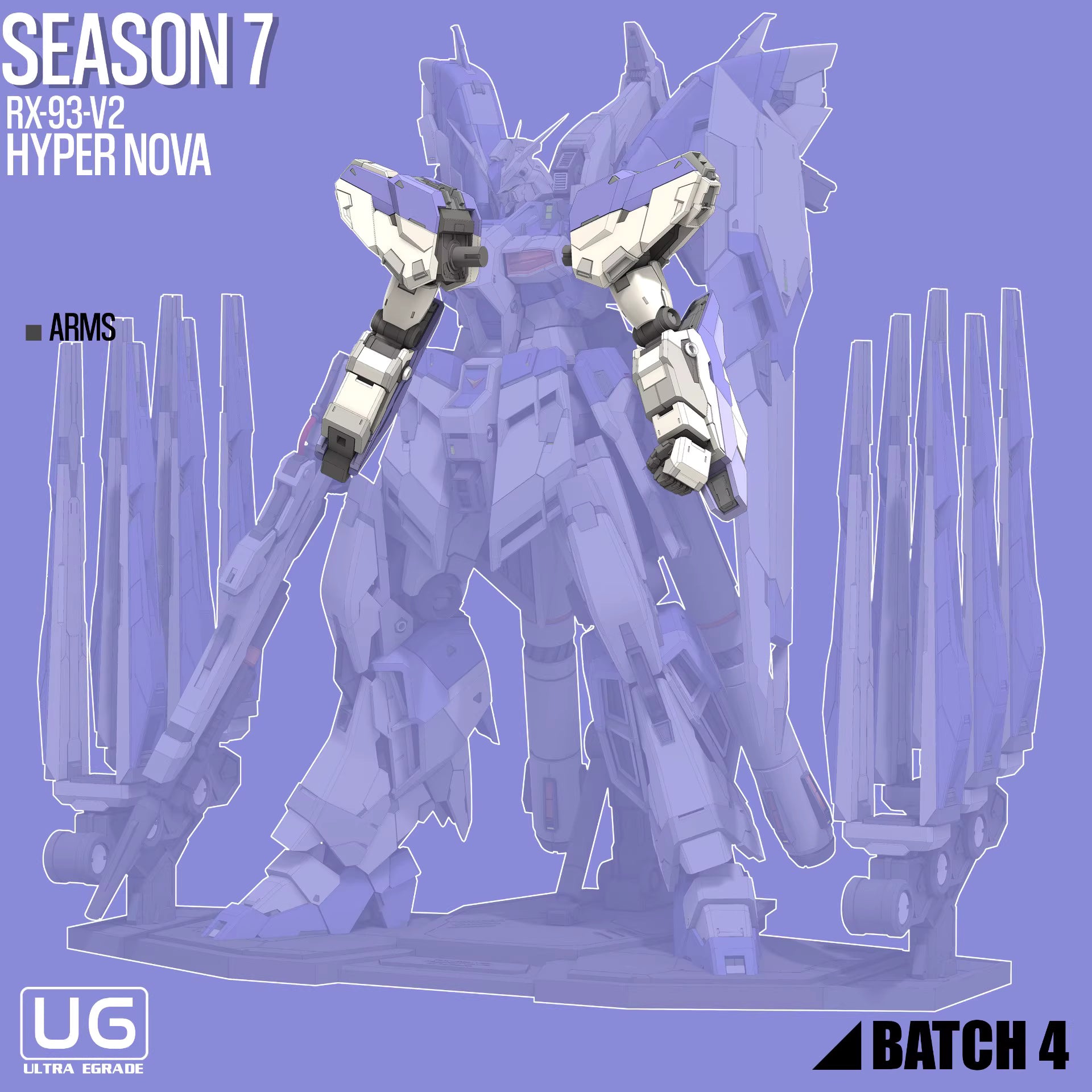 Model kit of a robot with detailed arms on a blue background, featuring Ultra Grade branding.