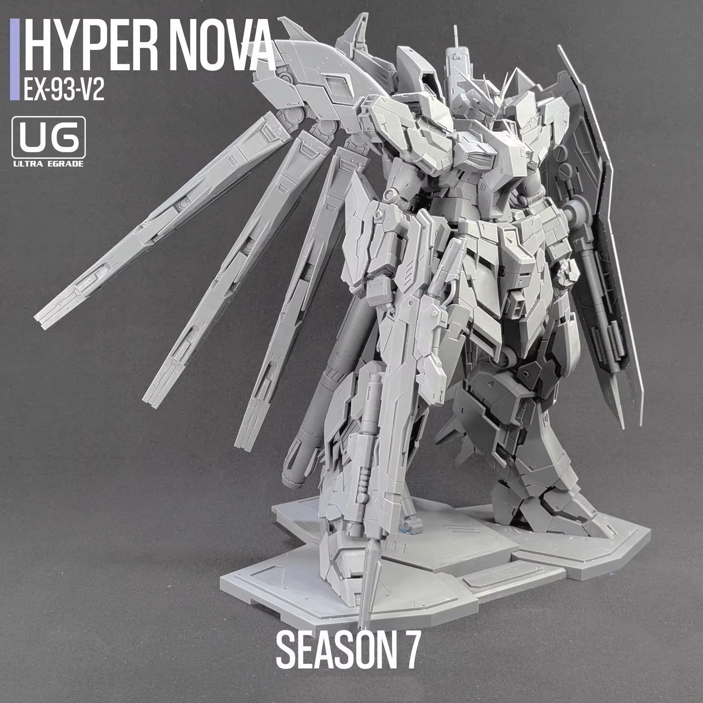 Model kit of a robot with 'Hyper Nova' branding on a gray background