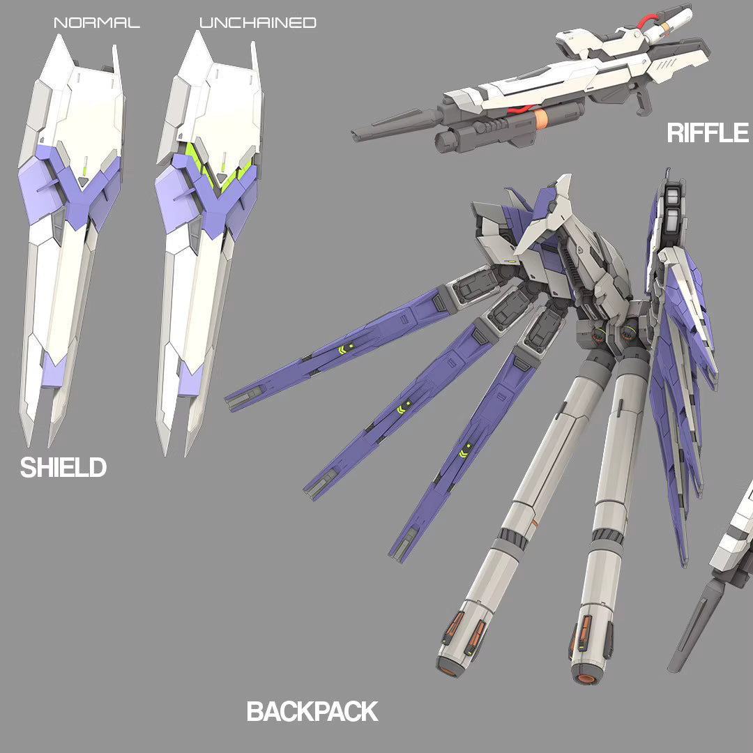 Mechanical suit with various attachments labeled 'Shield', 'Backpack', and 'Rifle' on a gray background.