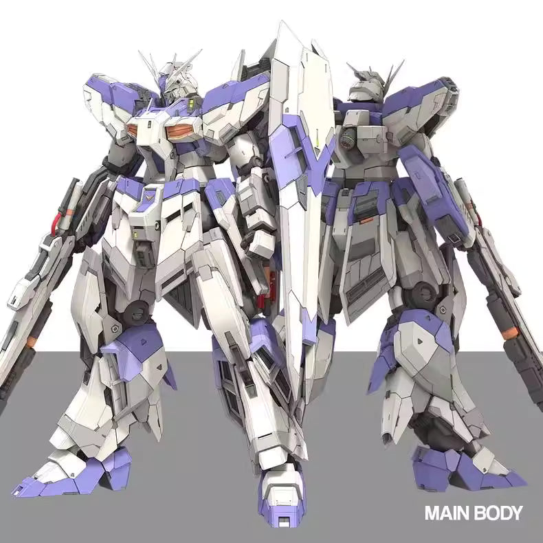 Mechanical robot model with purple and gray color scheme on a gray background