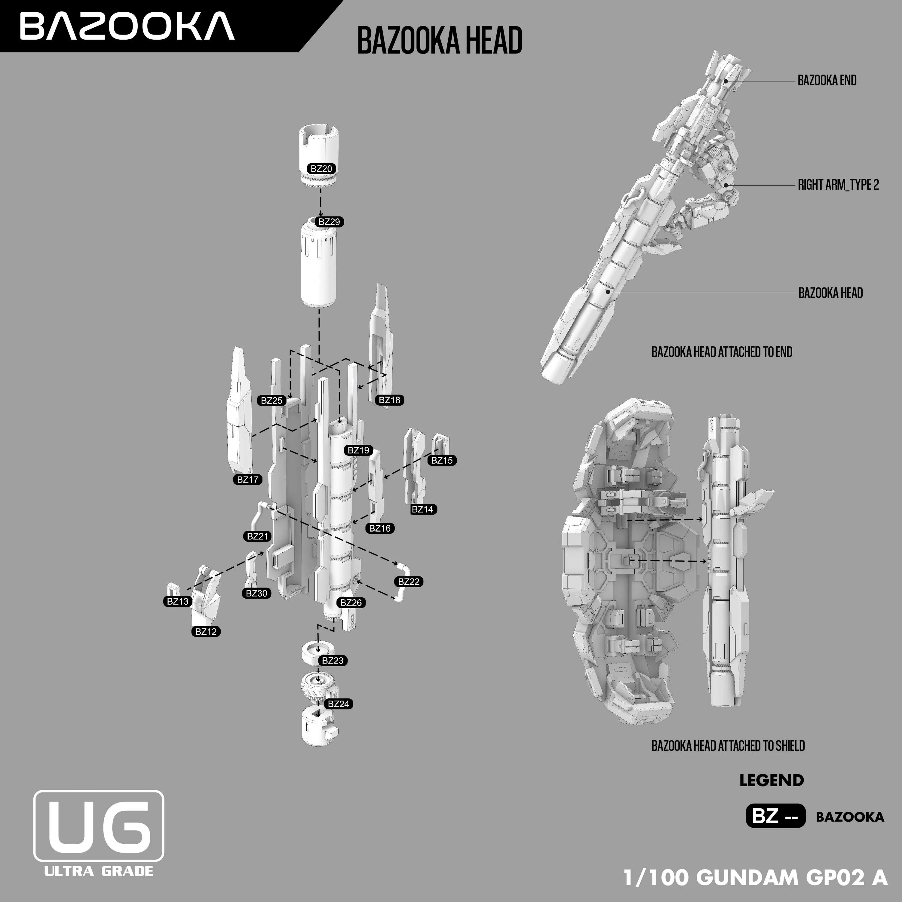 Diagram of a bazooka head attachment for a Gundam model, labeled with parts and assembly instructions.