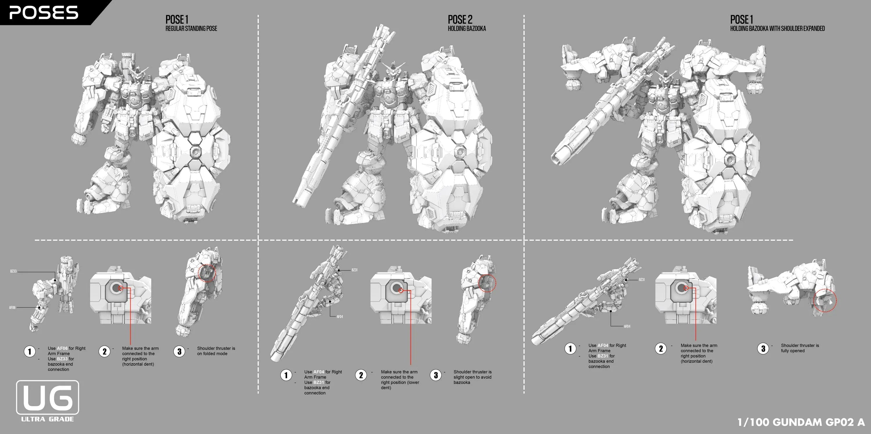 Gundam model kit pose guide with various poses on a gray background