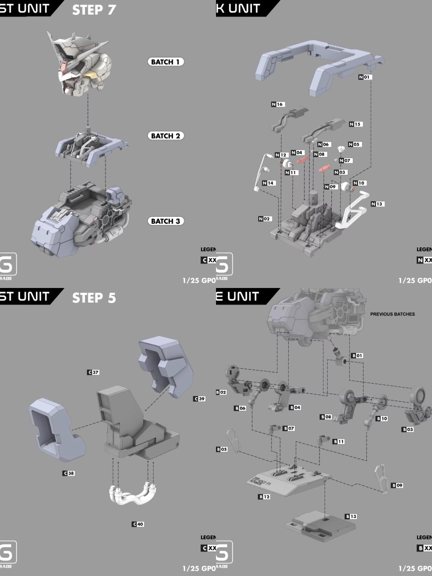 Technical diagram of a robot or mechanical unit with labeled parts and assembly steps on a gray background.
