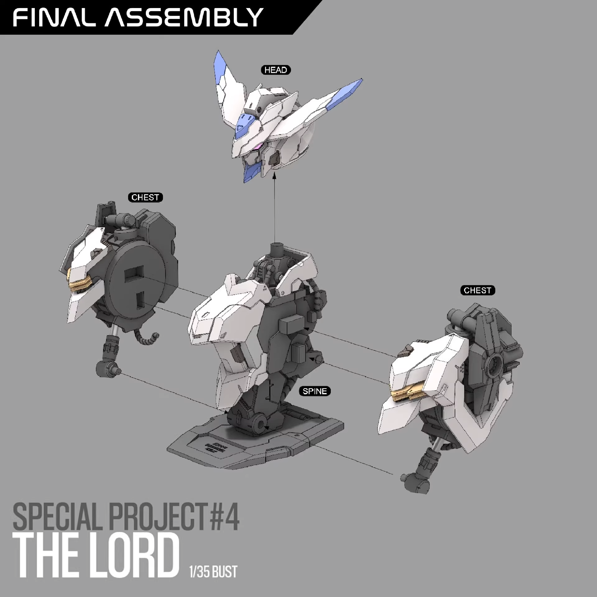 Model kit assembly diagram for a bust with labeled parts on a gray background.