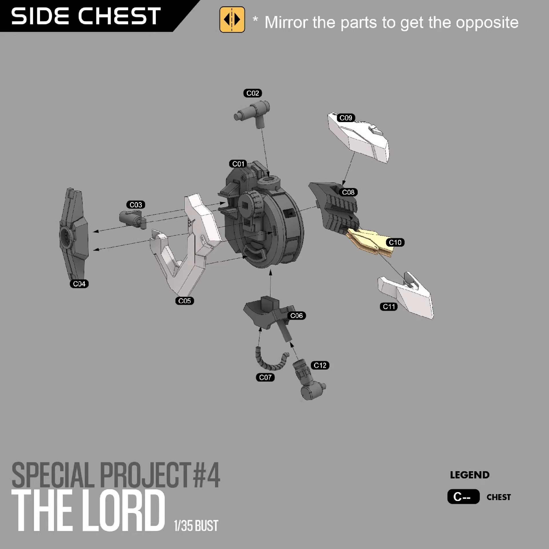 Diagram of mechanical parts labeled 'SIDE CHEST' with instructions to mirror parts for opposite design.