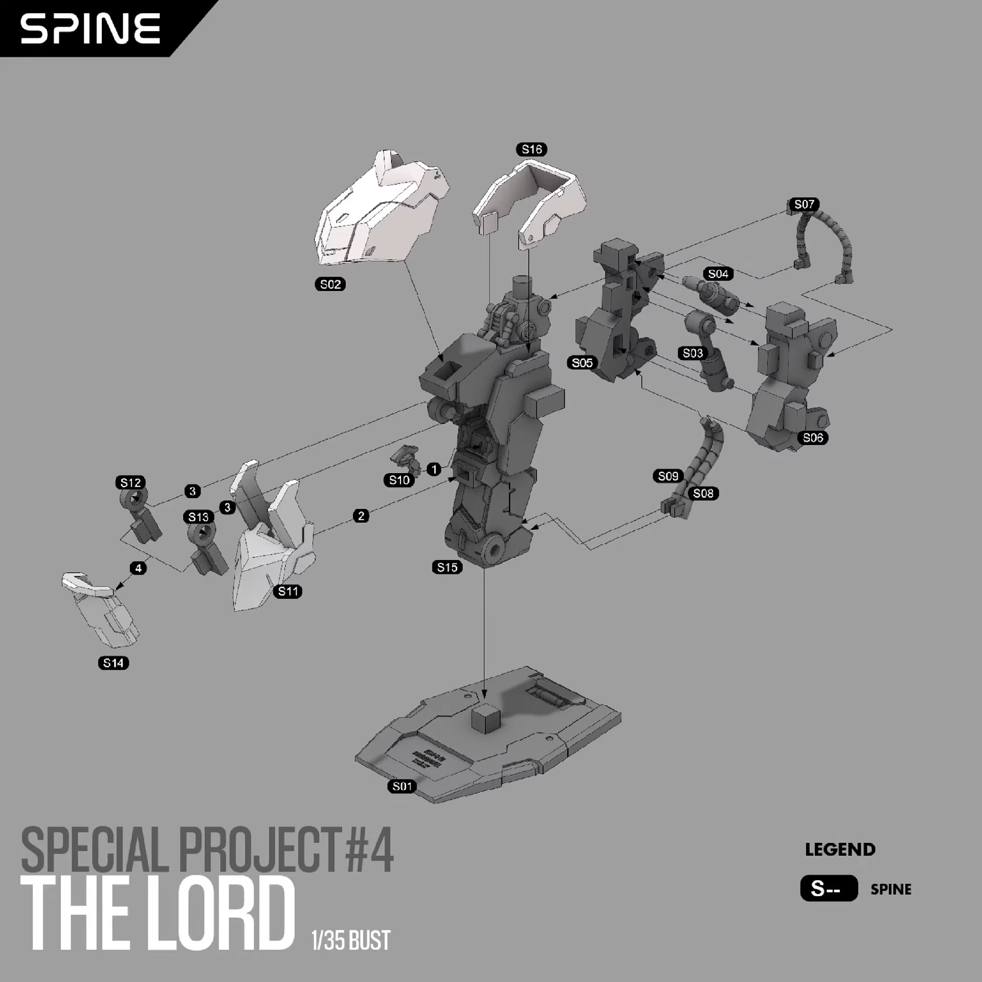 Model kit assembly diagram for 'The Lord' bust with labeled parts on a gray background.