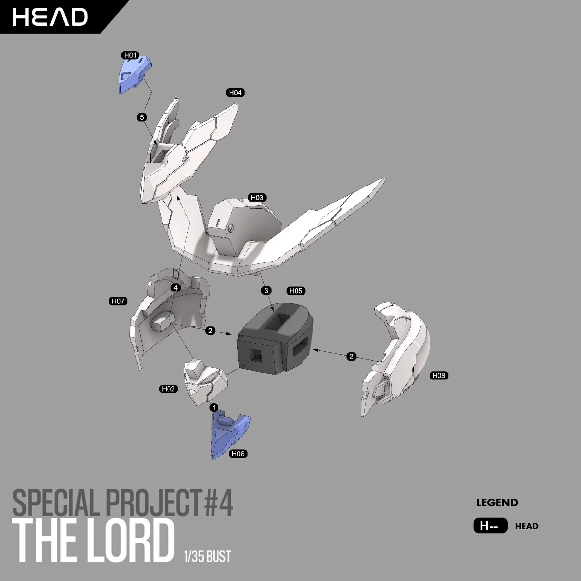 Diagram of a bust assembly with labeled parts on a gray background, featuring the brand 'HEAD'.