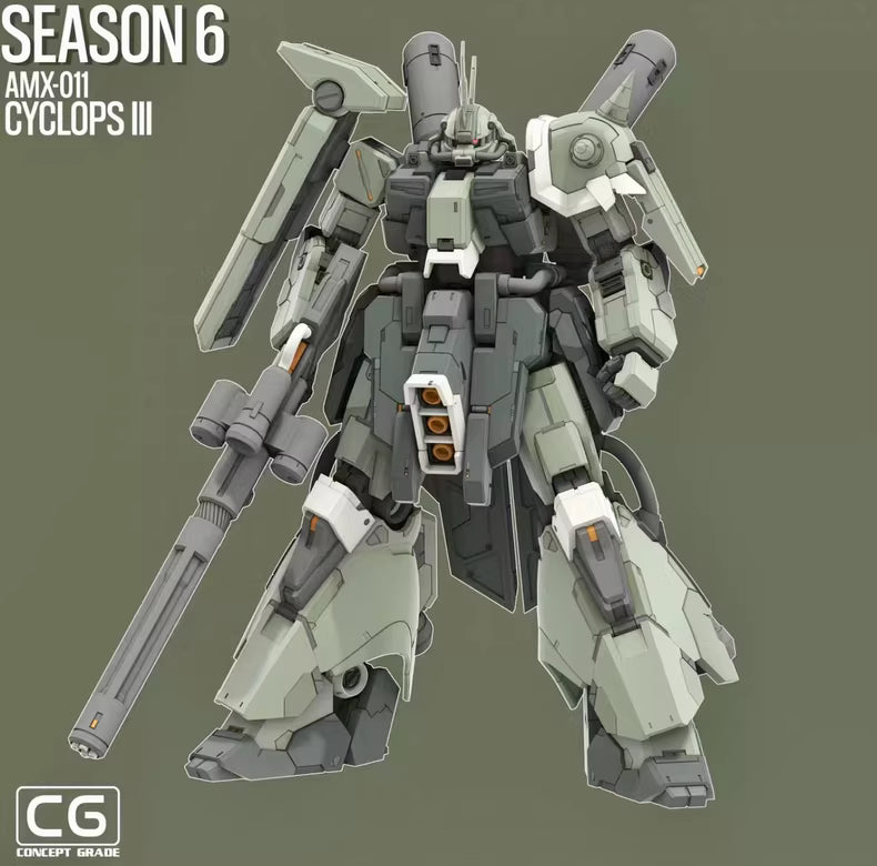 Model of a robot with 'Season 6' and 'AMX-011 Cyclops III' text on a green background