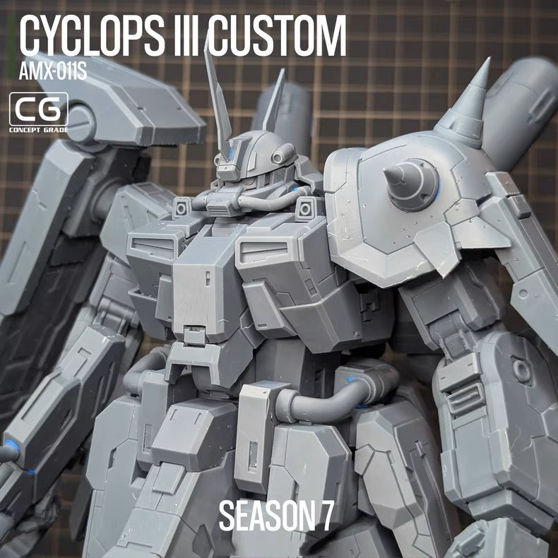 Mechanical robot model with 'Cyclops III Custom' branding on a checkered background